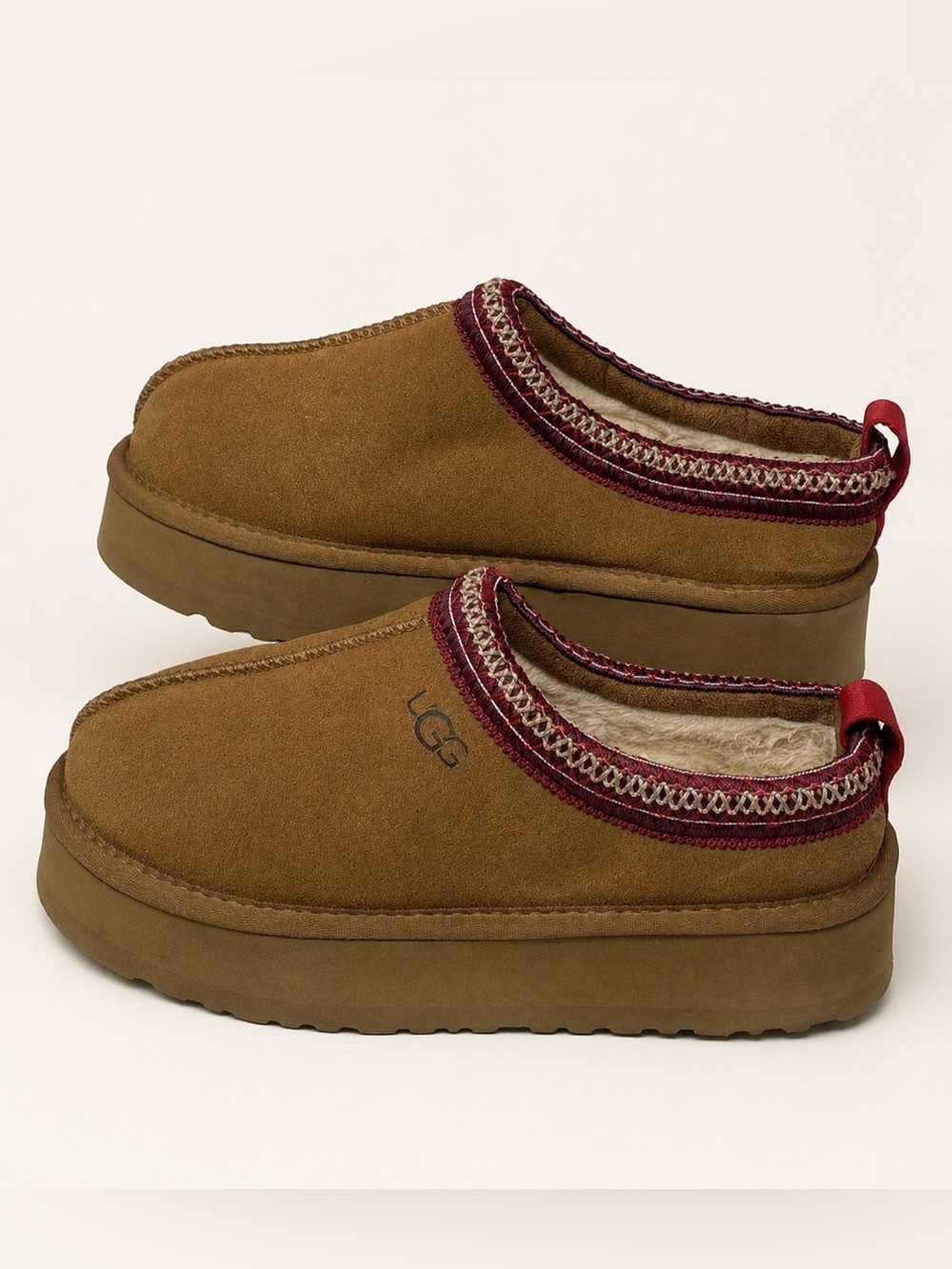UGG Chestnut Suede Slip-On Clog with Burgundy Trim